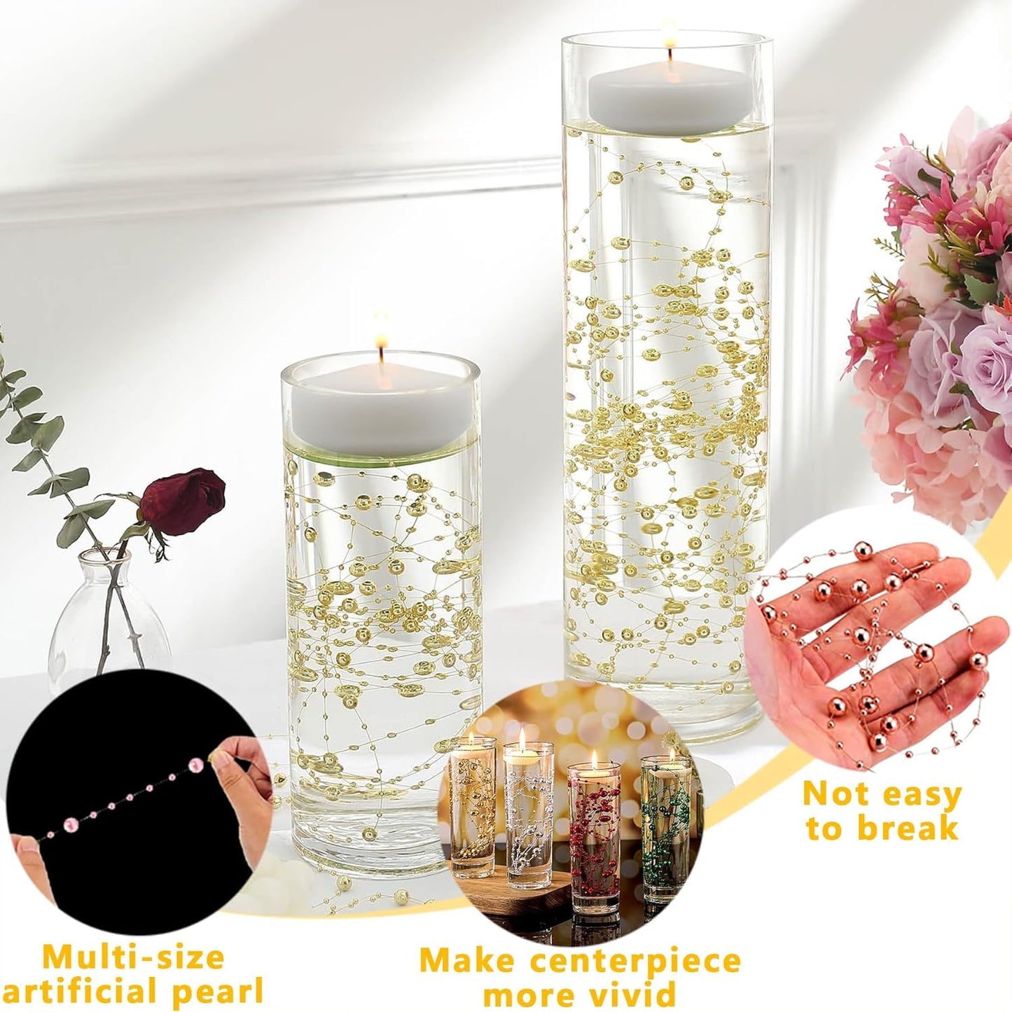 50 PCS Artificial Floating Beads for Centerpieces Vases, Dark Purple 8+3mm String Beads for Wedding Party Faux Pearl String for Decorating, String Pearls for Crafts Vase Filler