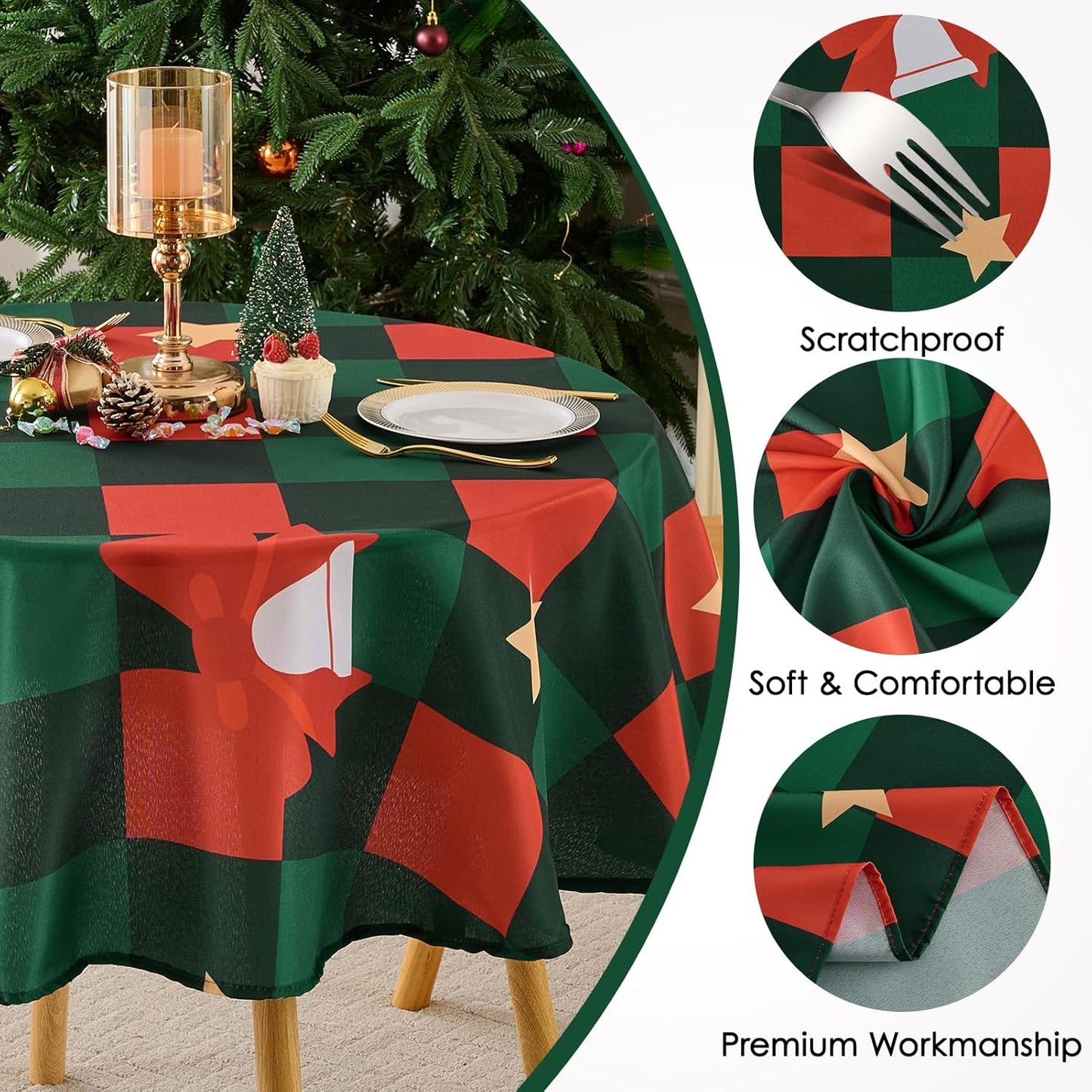 Christmas Tablecloth Round 60 Inch Waterproof, Machine Washable Checkered Polyester Table Cover for Xmas Party, Winter Holiday Home Decoration in Festive Checkered Star 1pack