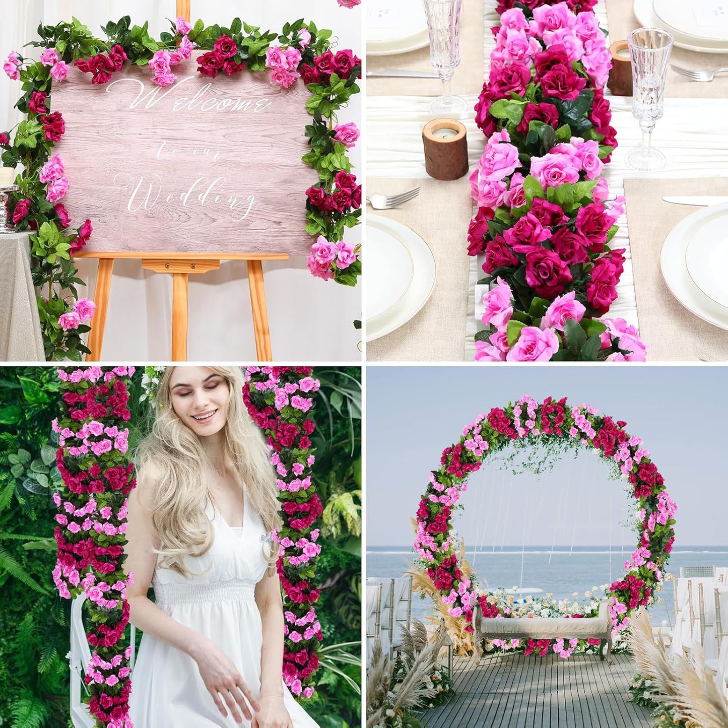 Floweroyal 4 Pack Artificial Flower Garlands 15.8FT Fake Rose Vines Silk Flowers Hanging Rose Ivy for Wedding Arch Party Home Garden Wall Decor (Fuchsia)