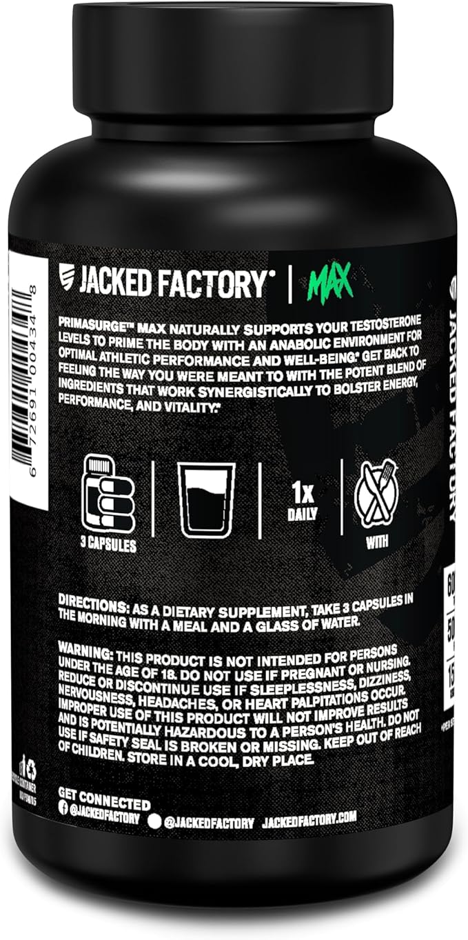 Jacked Factory Primasurge Max Testosterone Booster for Men - Natural Testosterone Supplement with Tongkat Ali, Fadogia Agrestis & Sensoril Ashwagandha - Test Booster for Muscle Mass - 90 Count