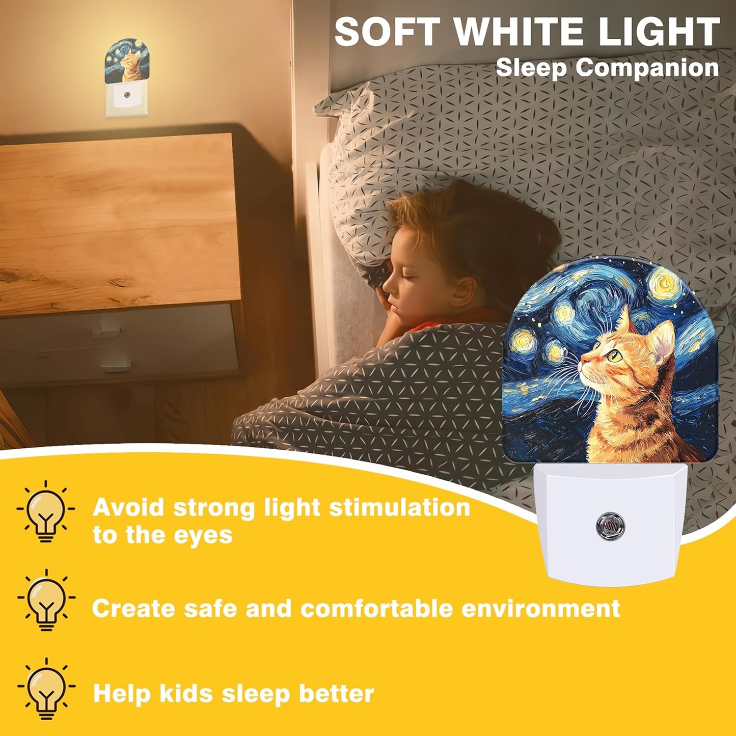 Starry Night Night Light, Orange Cat Night Lights Plug into Wall Dusk to Dawn Sensor Round Nightlight for Women Men Energy Efficient Led Lamp 0.5W for Stairway Hallway Bedroom