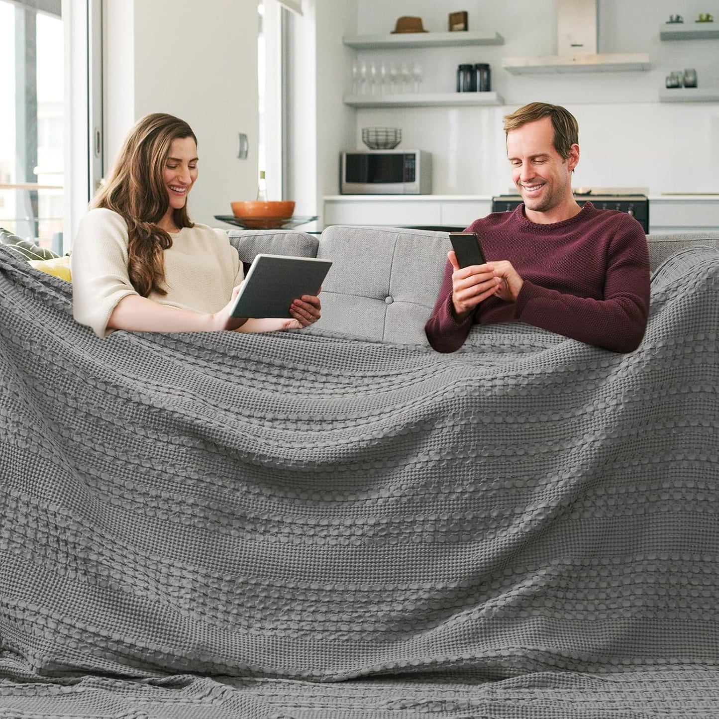 PHF 100% Cotton Waffle Blanket Oversized King 120"x120", Lightweight Breathable Extra Large 10'x10' Blankets for Bed, Giant Big Luxury Aesthetic Woven Bedding for Home Decor, Dark Grey