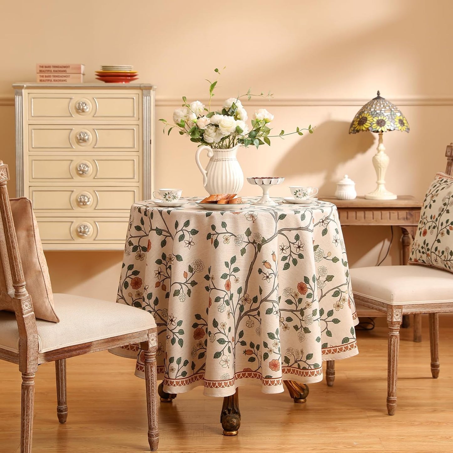 ISAENNE Designer Floral Round Tablecloth,French Linen Light Beige Indoor Table Cloth,Fall Wrinkle Resistant Decor Tablecloths for Dining Thanksgiving Kitchen Party,Diameter 67"-Flora A