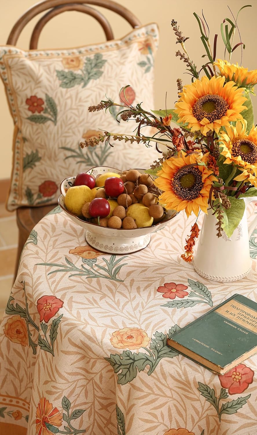 patdrea Designer Small Yellow Floral Linen Table Cloth for Round Table,Durable Breathable Tablecloth,Fall Dacorative for Kitchen Dining,Holiday Christmas,Thanksgiving,Diameter 55"-Cornflowers