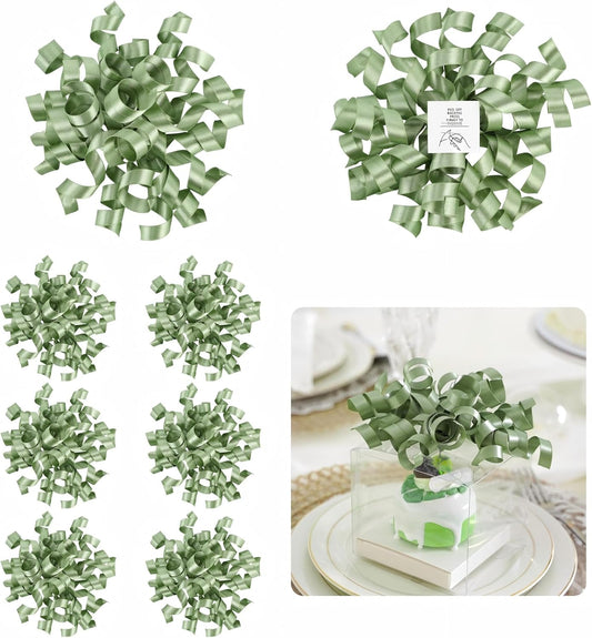 5'' Sage Green Bows Curly Ribbon Bows for Gift Wrapping, Satin Bows with Double-Sided Tape, Self Adhesive Bows for Party, Wedding, Birthday Decor, Premade Bows for Crafts, Wine Glasses-8 PCs