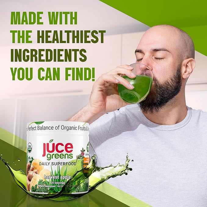 JUCE Green Superfood Powder, Organic Fruits and Veggies Supplement W/ 77 Superfoods Plus Prebiotic Probiotic Blend, Harvest Apple Flavor - 20 Servings (250 g)