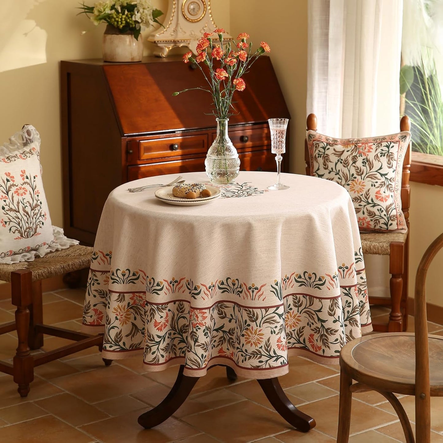 ISAENNE Floral Tablecloth for Round Tables,Linen Table Cloth with Double-Edged Lily Pattern,Heavy Durable Table Cover for Dining Thanksgiving Kitchen Decor Party Christmas,Diameter 67"