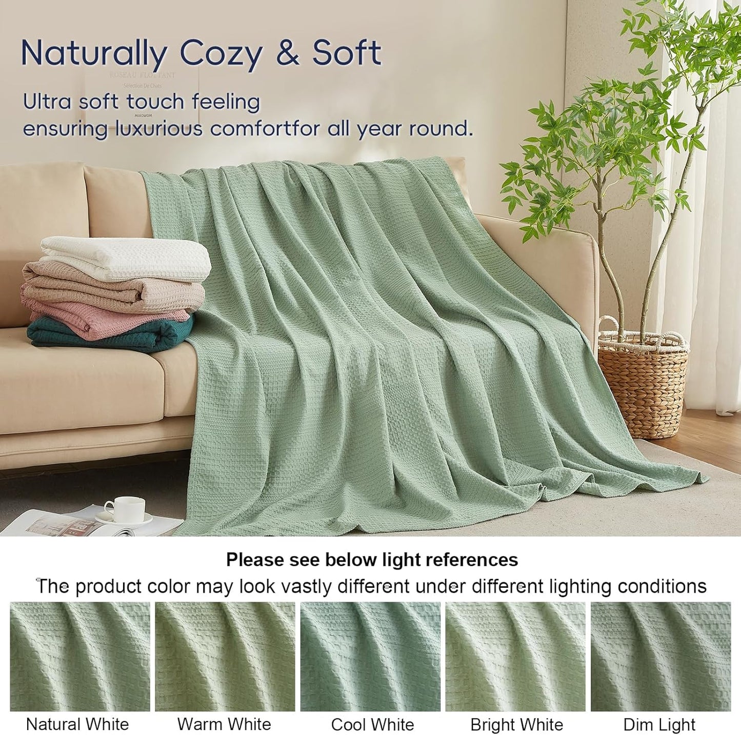 PHF Lightweight Waffle Weave Blanket Twin Size, Breathable & Ultra Soft, 66"x 90" Soft & Cozy Thin Blanket for All Season & Hot Sleepers, Bed, Home Decor - Sage Green