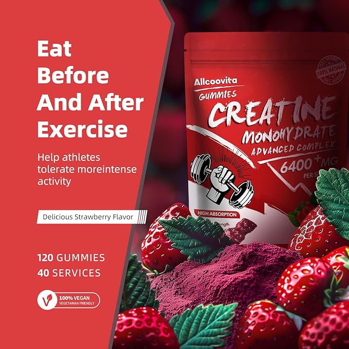 Creatine Monohydrate Gummies Complex for Men & Women - 120 Gummies Advanced Formula, L-Taurine + Vitamin B12 for Muscle Strength, Muscle Builder, Energy Boost, Pre-Workout Supplement-Strawberry