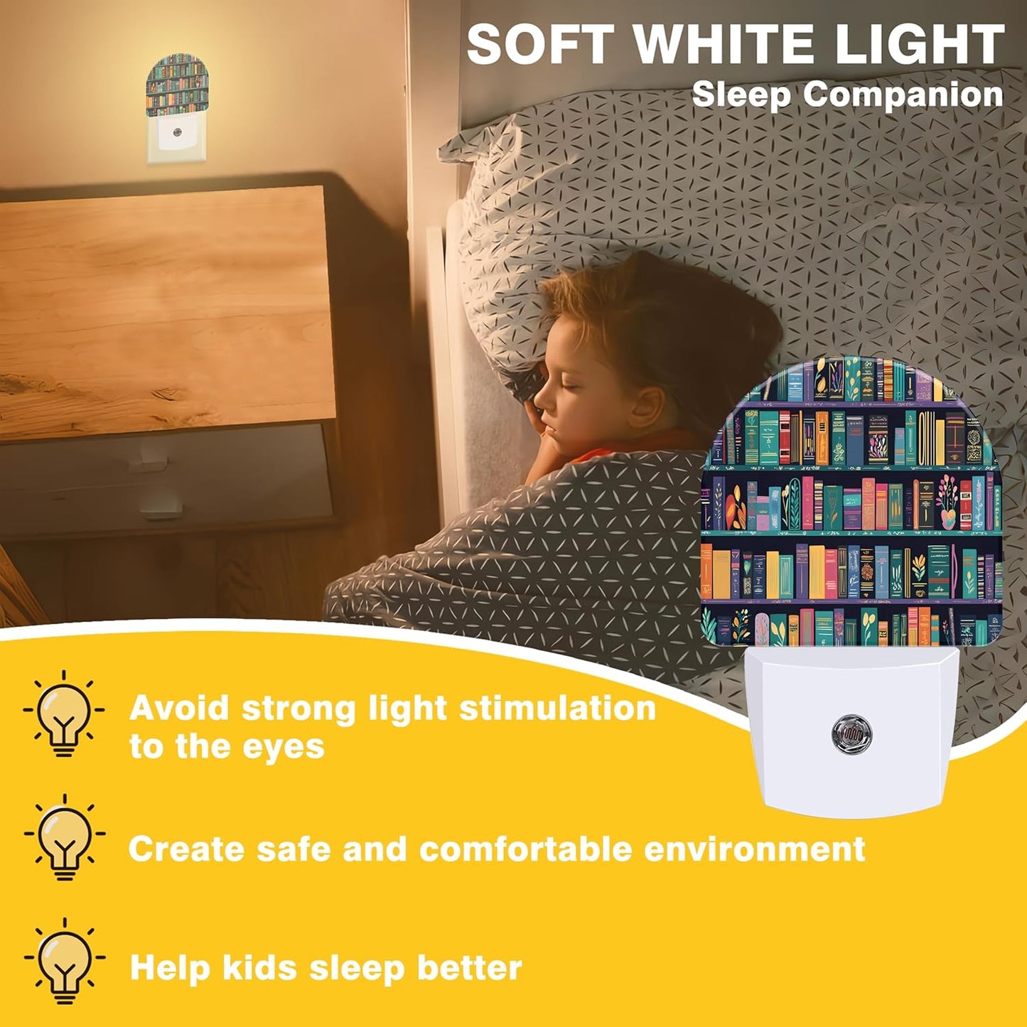 Book Night Light, Bookshelves Night Lights Plug into Wall Dusk to Dawn Sensor Round Nightlight for Women Men Energy Efficient Led Lamp 0.5W for Stairway Hallway Bedroom