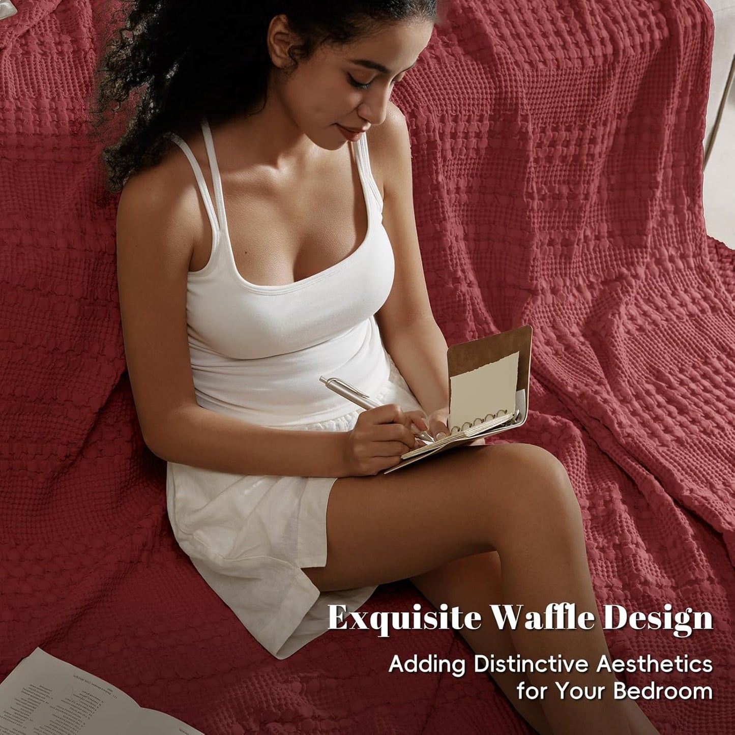 PHF 100% Cotton Waffle Weave Blanket Twin Size for Bed, Soft Lightweight & Breathable, All-Season Comfort, Luxury Aesthetic Woven Bedding for Home Decor, 66"x90", Wine Red