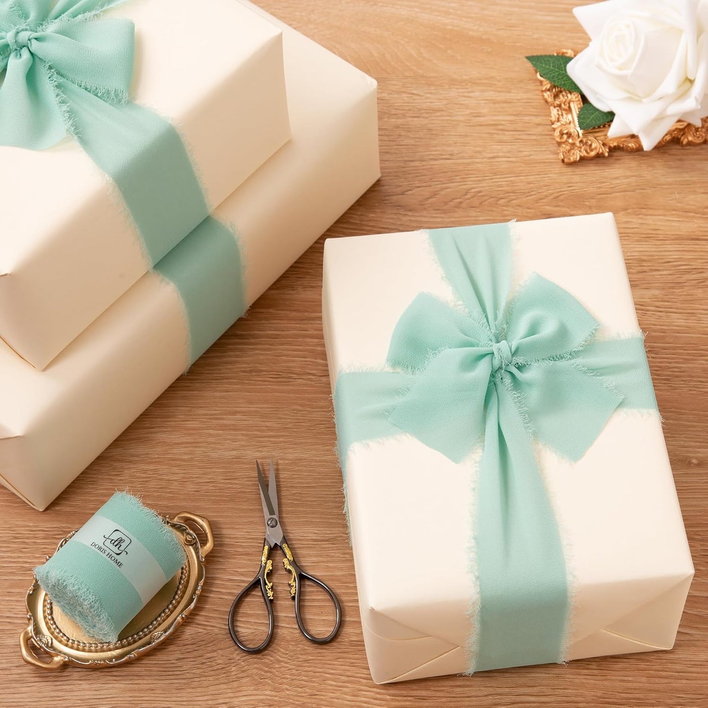 DORIS HOME 2" x21Yd Chiffon Ribbon for Flower Bouquet, Green & Ivory Fabric Ribbon for Gift Wrapping, Handmade Frayed Ribbon for Wedding/Christmas Decorations