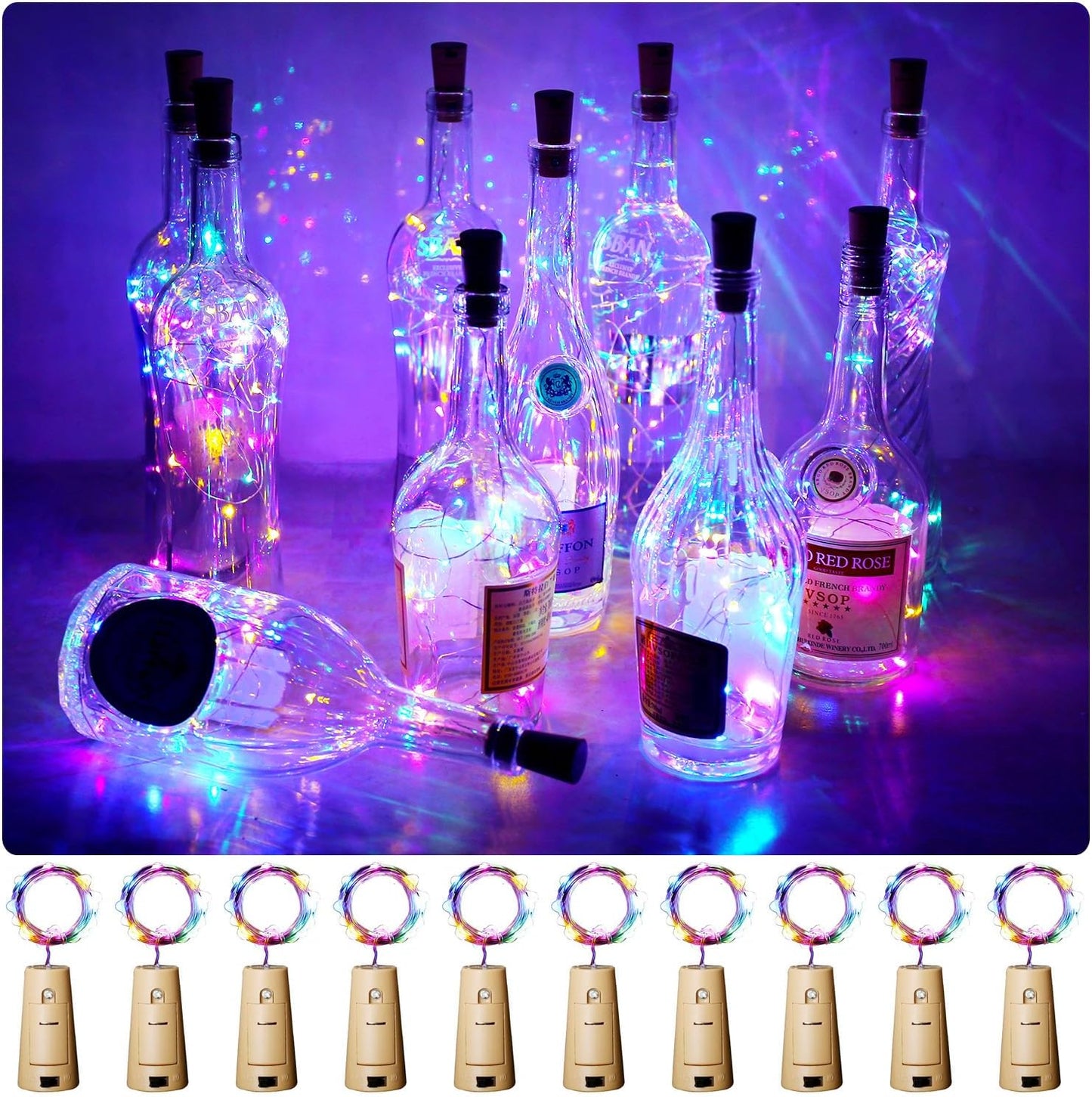 Aluan Wine Bottle Lights with Cork 10 Pack 20 LED Christmas Mini Fairy Lights, Waterproof Battery Operated Bottle Lamps for Liquor Bottles Party Bar Rustic Wedding Table Indoor Decoration, Multicolor
