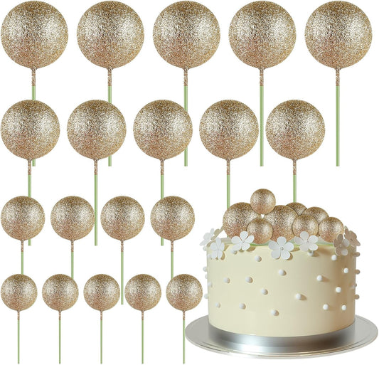 ASTARON 20 Pcs Ball Cake Topper Decorations Mini Balloons Cake Topper Sticks Champagne Gold Balls Cake Picks Cake Topper Balls Cake Decorations for Birthday Cake Decorations