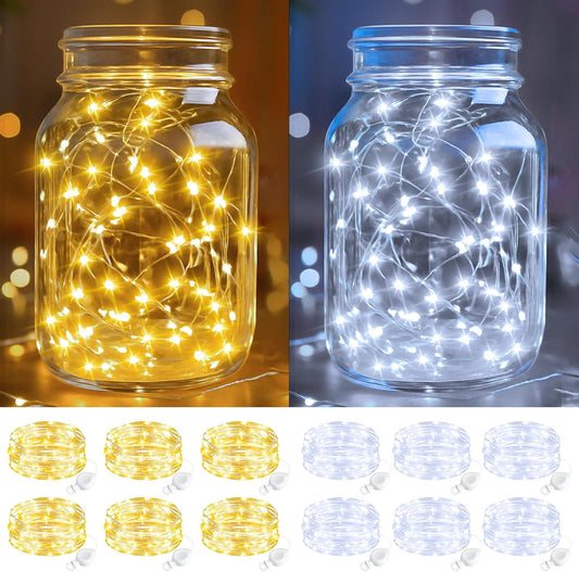 btfarm 12 Pack Fairy Lights Battery Operated, 7FT 20 LED Mini String Lights Waterproof Silver Wire for Mason Jars Centerpiece Table Crafts Bedroom Christmas Decoration, Cool-Warm White
