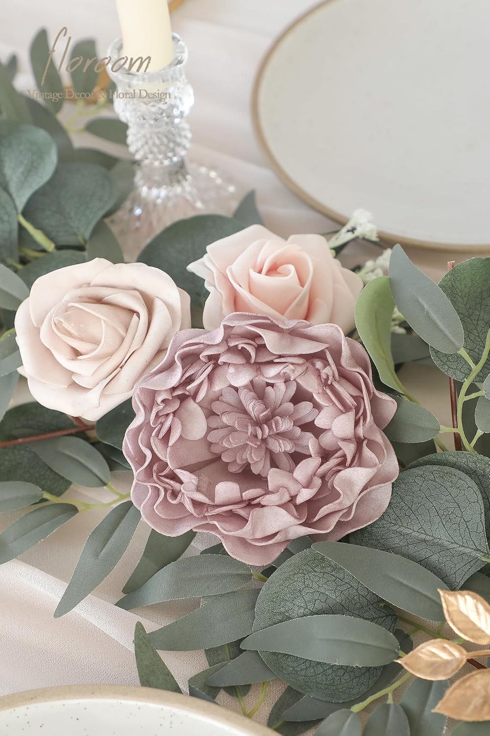 Floroom 6ft Artificial Eucalyptus Garland with Flowers Fake Greenery Faux Floral Vine Garland for Table Decor Wedding Centerpieces Bridal Shower Party Decorations, Garden Dusty Rose