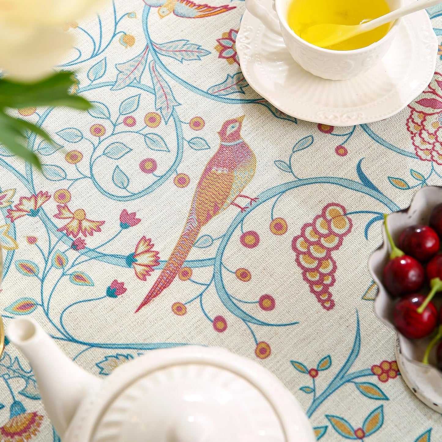 patdrea Designer Yellow French Round Tablecloth,Rustic Linen Floral Birds Table Cloth,Fall Decor Table Cover for Kitchen Dining Holiday Banquet,Christmas,Thanksgiving,Diameter 67"-Magnolia