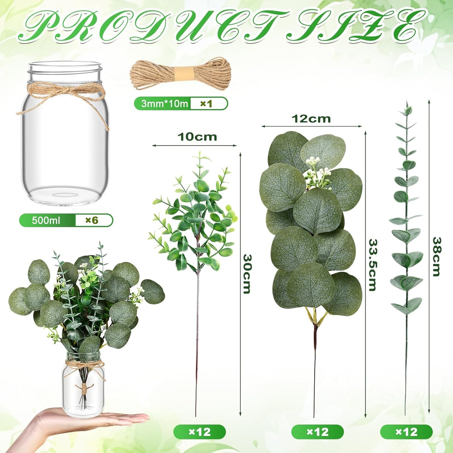 6 Set Centerpiece Table Decorations Mason Jar Table Centerpiece with Flower Mason Jar Wedding Centerpieces Vases Decor for Reception Engagement Party Bridal Shower (Eucalyptus)