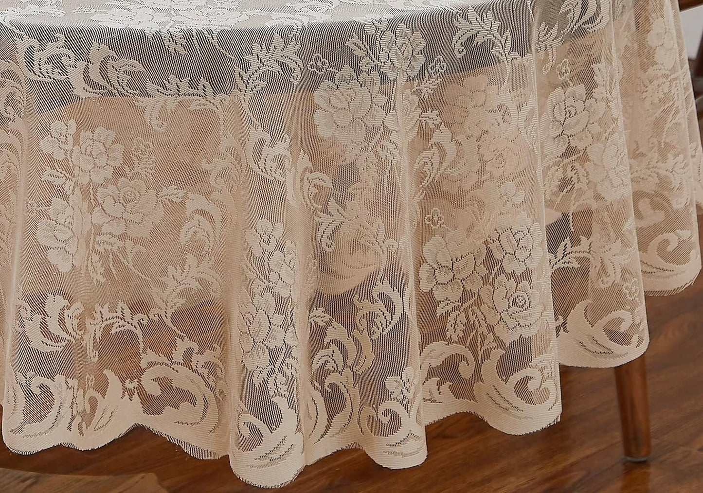 LinenZone Linen Round Tablecloth for Rustic Vintage Decor. Sheer Lace Works Great As Wedding, Thanksgiving or Christmas Tablecloth (Mia 48 Round, Linen)