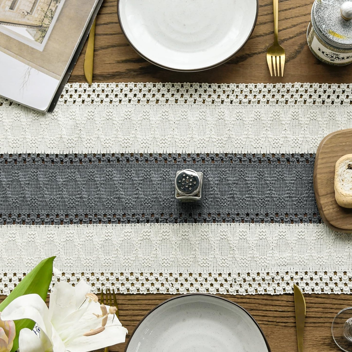 Artoid Mode Dark Grey Farmhouse Rustic Table Runner, Seasonal Holiday Hollow Kitchen Dining Table Decoration for Home Party Decor 12x36 Inch