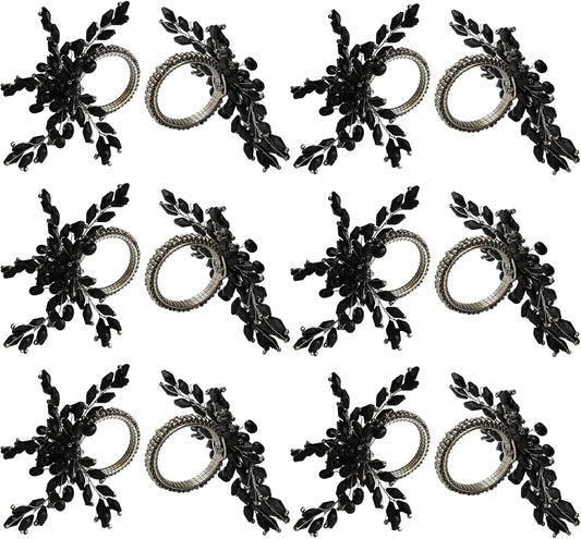 Napkin Rings Set of 12 for Dining Table Decoration Parties Everyday Metal Napkin Holder Leaf Black (Pack of 12)