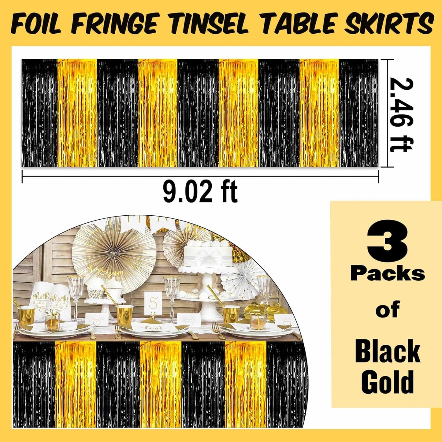 3 Pack 29 x108 Inch Black and Gold Foil Fringe Table Skirts Metallic Banner for Tinsel Streamer Garland Backdrop for Parade Floats Mother's Day, Graduate, Birthday, Wedding Party Decoration