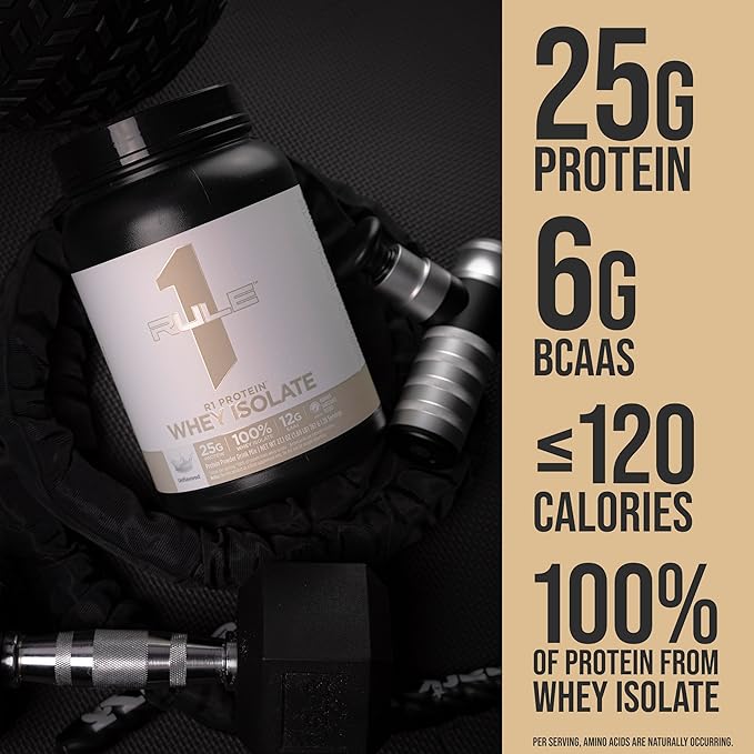 Rule 1 Naturally Flavored R1 Protein Whey Isolate - Clean Formula with 25g Protein & 6g BCAA Exclusively Isolated & Hydrolyzed Sources for Workout Recovery (4.3 Pounds*, Unflavored)