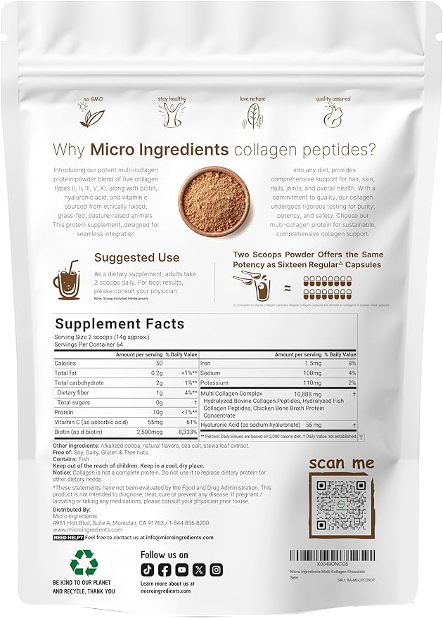 Micro Ingredients Multi Collagen Peptides Powder, 2lb | Type I, II, III, V, X + Biotin, Vitamin C & Hyaluronic Acid | Chocolate Flavor | Supports Hair, Skin & Joint Health | Keto, Non-GMO