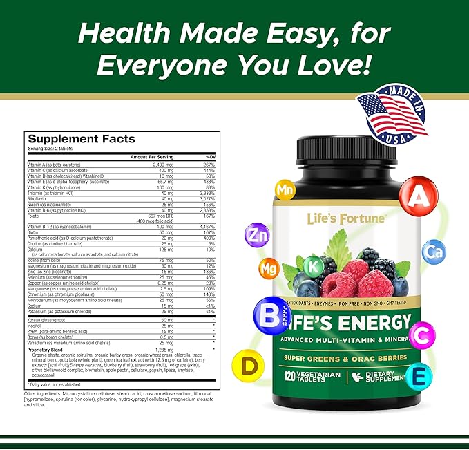 Life's Energy Advanced Daily Multivitamin for Men & Women, Energy & Immune Support Supplement with Super Greens - Antioxidants & Enzymes - Iron Free, Vegetarian, 120 Tablets by Life's Fortune