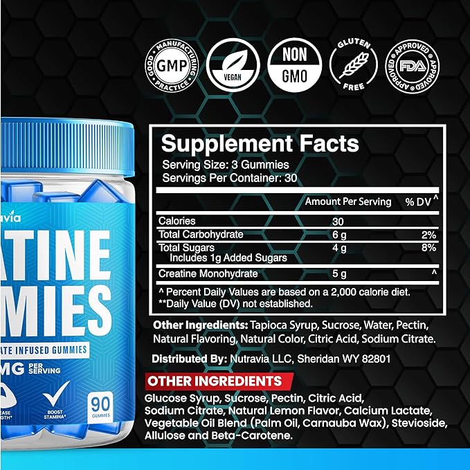 Creatine Gummies Infused with 5g Creatine Monohydrate for Men and Women, Strength, Endurance, Muscle Instantized Creatine, Micronized Clean HCL Balanced Creatina Monohidratada en Polvo (90 Gummies)