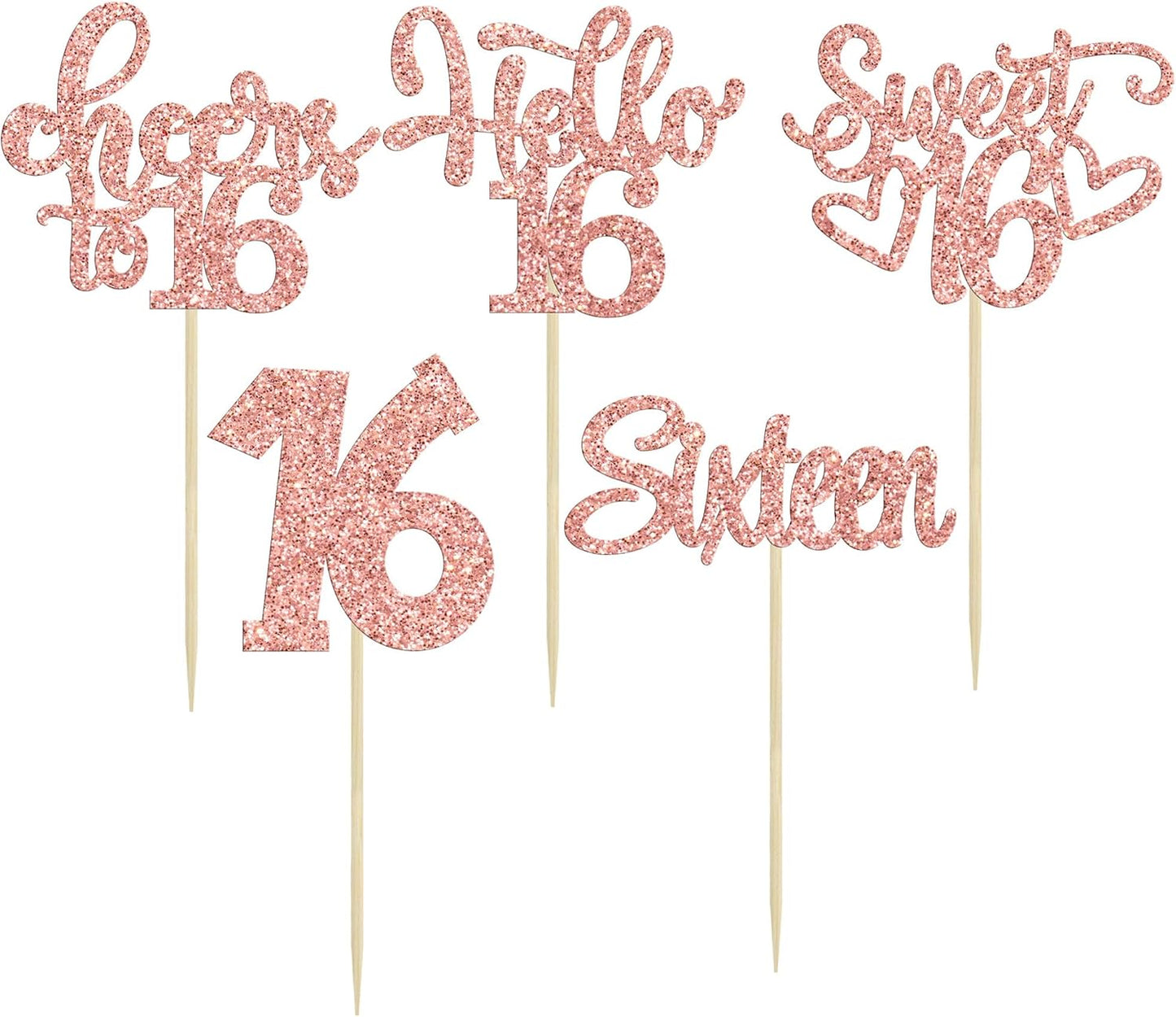 30pcs 16th Birthday Cupcake Toppers - Sixteen Happy Cupcake Picks, Cheers to Sweet 16 Cake Decorations in Rose Gold Glitter
