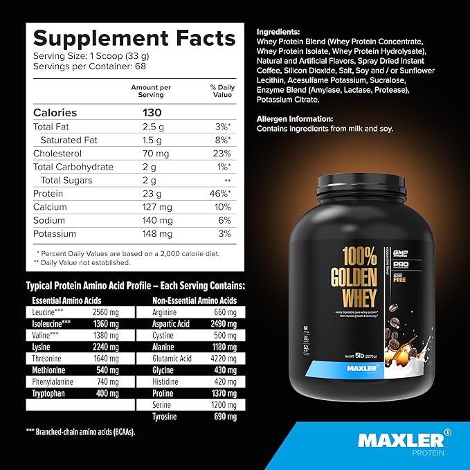 Maxler 100% Golden Whey Protein - 23g of Protein per Serving - Premium Whey Protein Powder for Pre Post Workout - Fast-Absorbing Whey Concentrate, Isolate & Hydrolysate Blend - Cappuccino 5 lb