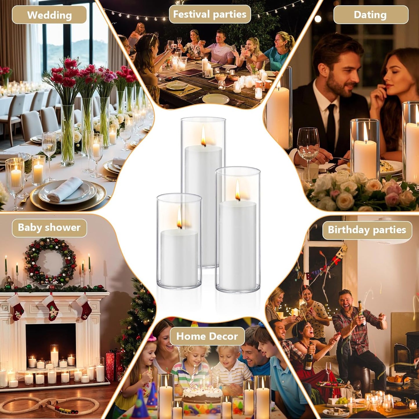 12 PCS White Pillar Candles with Glass Candle Holders Clear Hurricane Candle Holders Glass Cylinder Vases for Centerpieces Wedding Party, Event, Home Office (6 Candles+6 Candle Hoders)