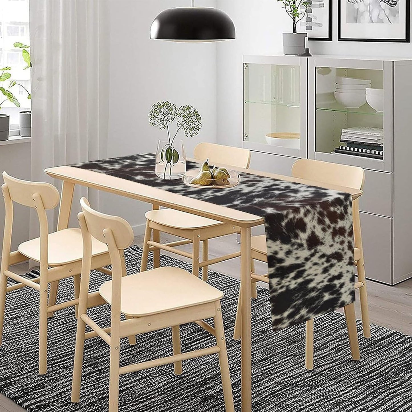 Cow Print Table Runner, Country Farm Animal Fur Skin Pattern Western Style Black Brown Cowhide Print Dinner Runner for Home Kitchen Dining Home Setting, 13x70 Inch