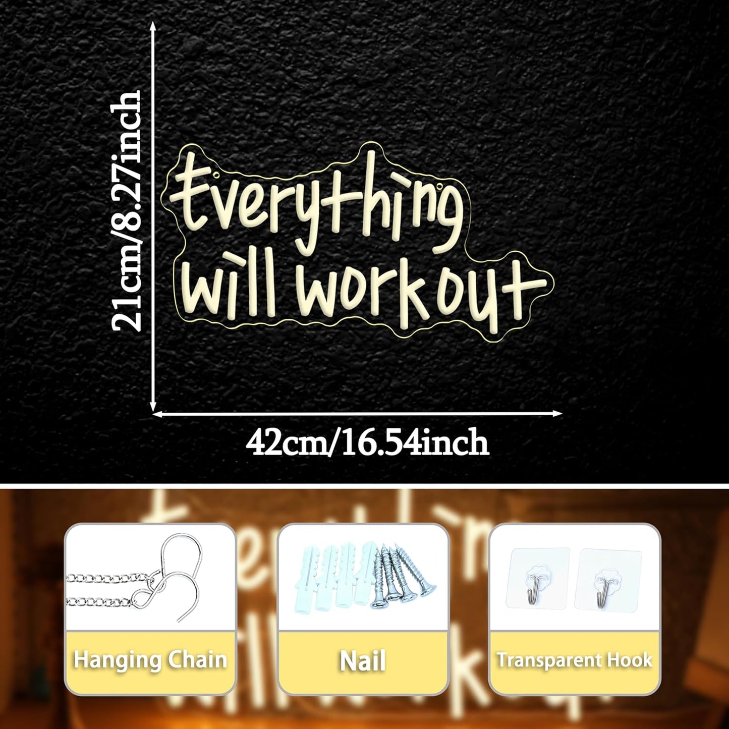 Everything Will Work Out Neon Sign,Inspirational Letter Neon Light Positive Affirmation Light up Sign for Office Bookstore Classroom(16.54 * 8.27In)