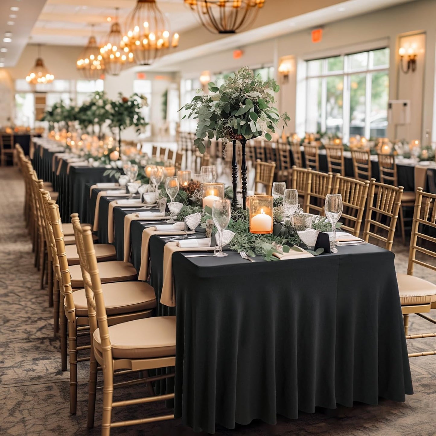 Wish Care 2 Pack Black Spandex Table Cloths for Rectangle Tables 8ft - One-Piece Wrinkle Free Fitted Table Cover 8 Foot Stretch Tablecloths for Party, Banquet, Wedding and Events