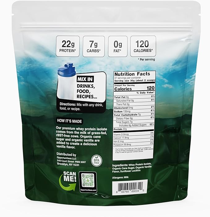 Opportuniteas Grass Fed Vanilla Whey Protein Isolate Powder - 22g Protein Powder Without Artificial Sweeteners, Hormone-Free Cows, Non GMO - 2.5lb