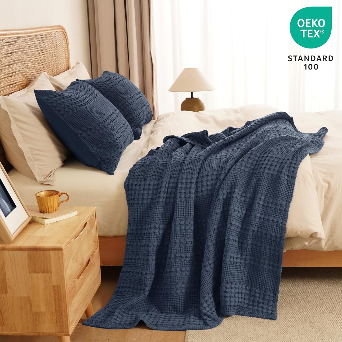 PHF 100% Cotton Waffle Weave Throw Blanket, Soft Lightweight Breathable Cozy Throws for Couch Bed Sofa, Luxury Aesthetic Woven Blanket for Home Decor & Office, 50"x60", Dark Navy