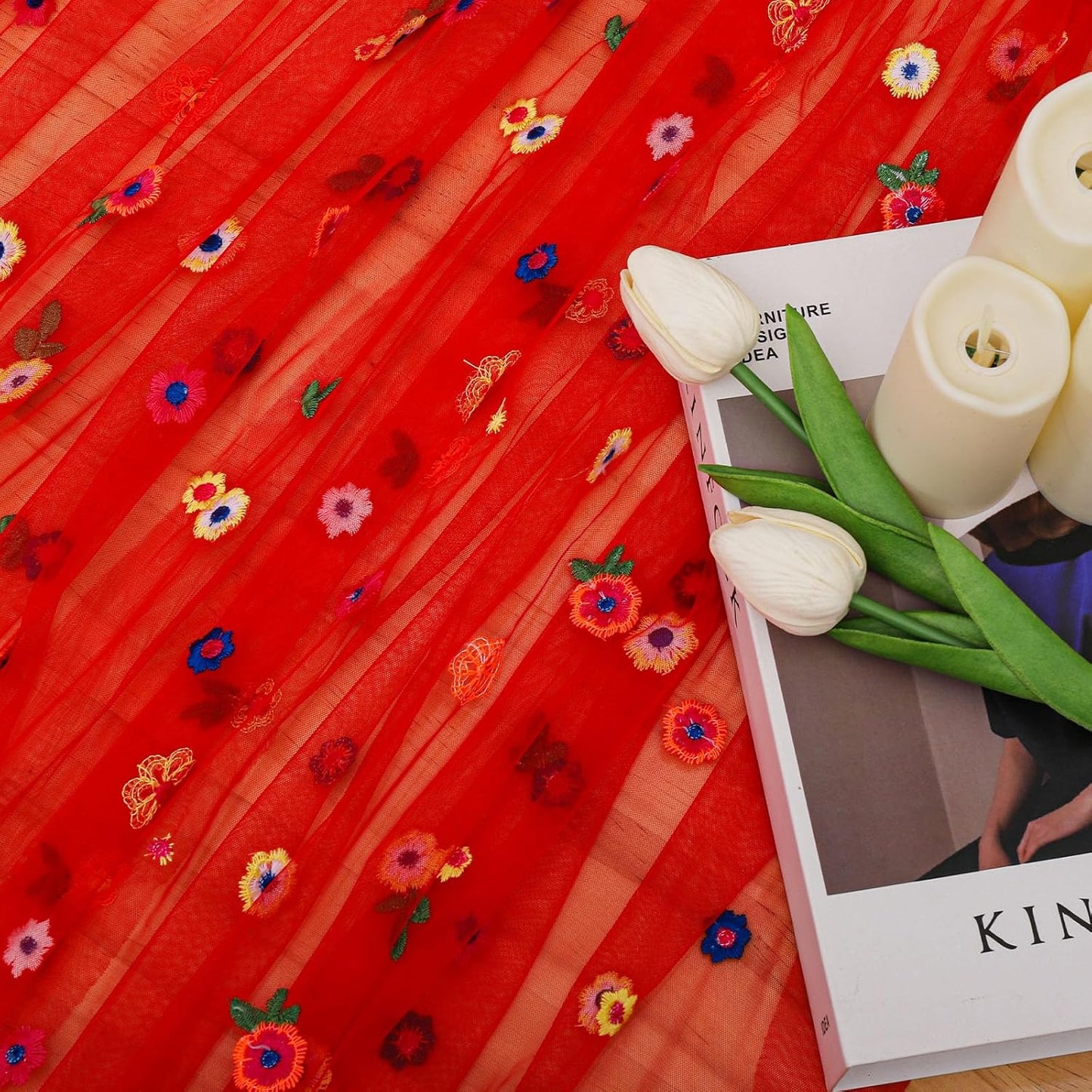 BINBE 6pcs Daisy Fall Table Runner Embroidery Gauze 10FT Florals Seasonal Tulle Holiday Birthday Kitchen Dining Table Decor for Home Party Red