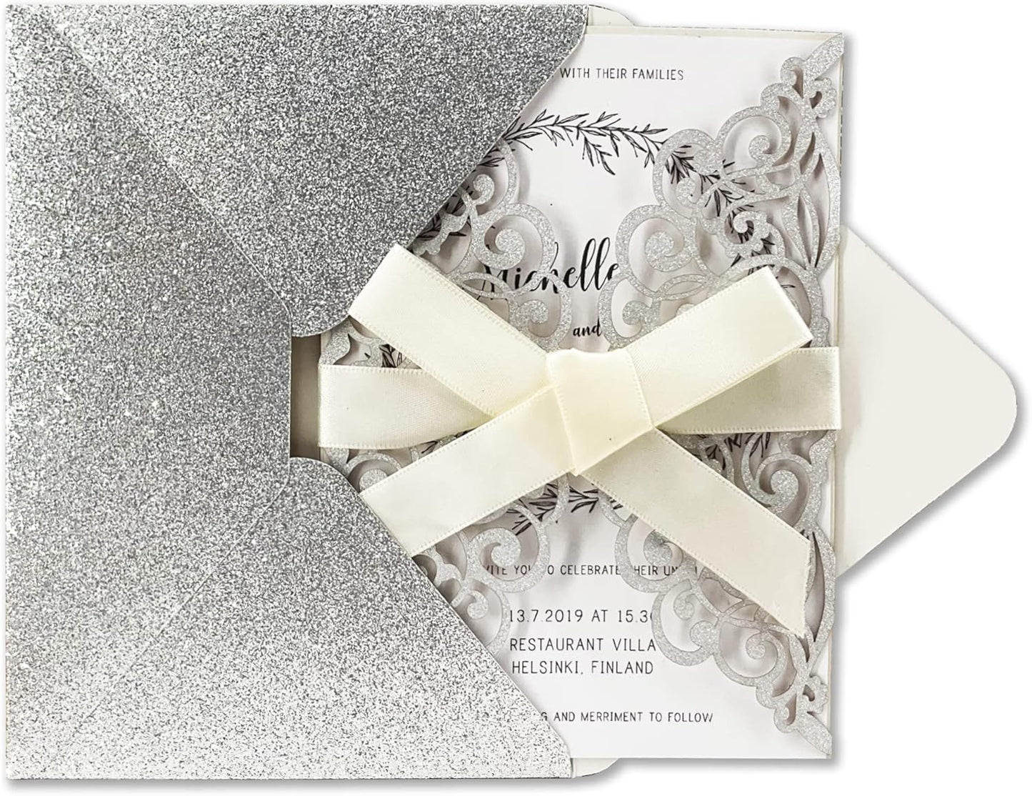 50Pcs Laser Cut Wedding Invitation With Glitter Envelopes And Ribbons Blank Personalized Card Invitaciones Para quinceañera Birthday Baby Shower Christmas Party Bridal Shower (Silver)
