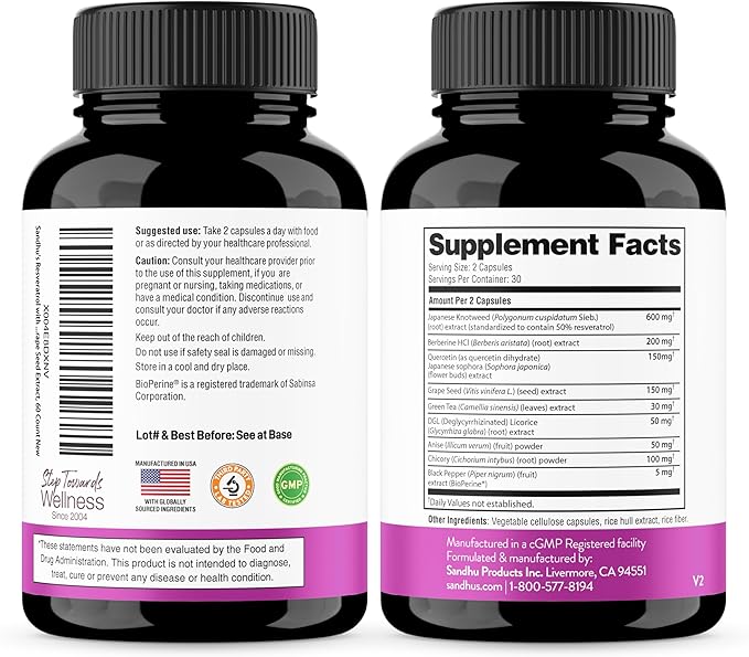 Sandhu's Resveratrol with Berberine for Gut Health | Digestive Supplement for Women & Men | Green Tea, Star Anise, DGL, Grape Seed Extract & Quercetin | Eases Bloating | 60 Capsules (Pack of 1)