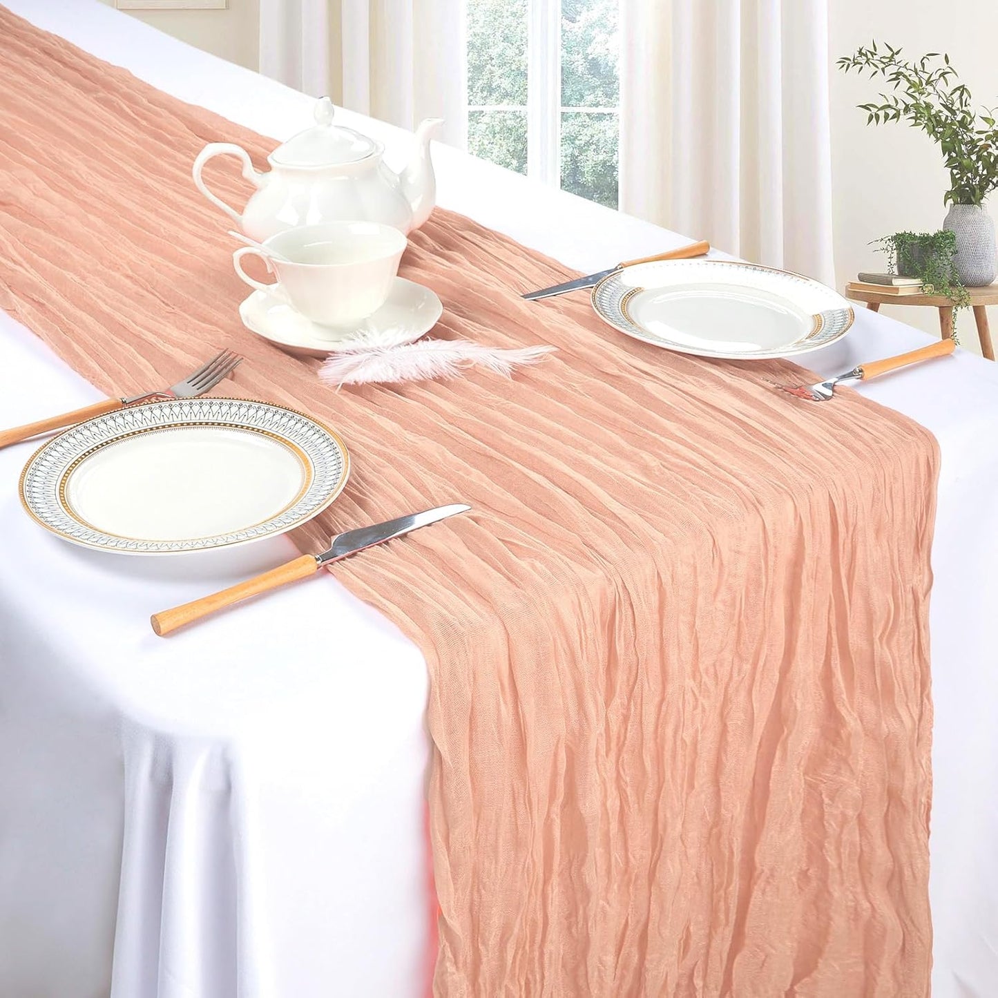 6 Pack Blush Pink Cheesecloth Table Runner 10ft Boho Gauze Fabric Cheese Cloth Table Runner 35 x 120 Inch Rustic Sheer for Romantic Wedding Decor Baby Shower Party Table Centerpiece Decoration
