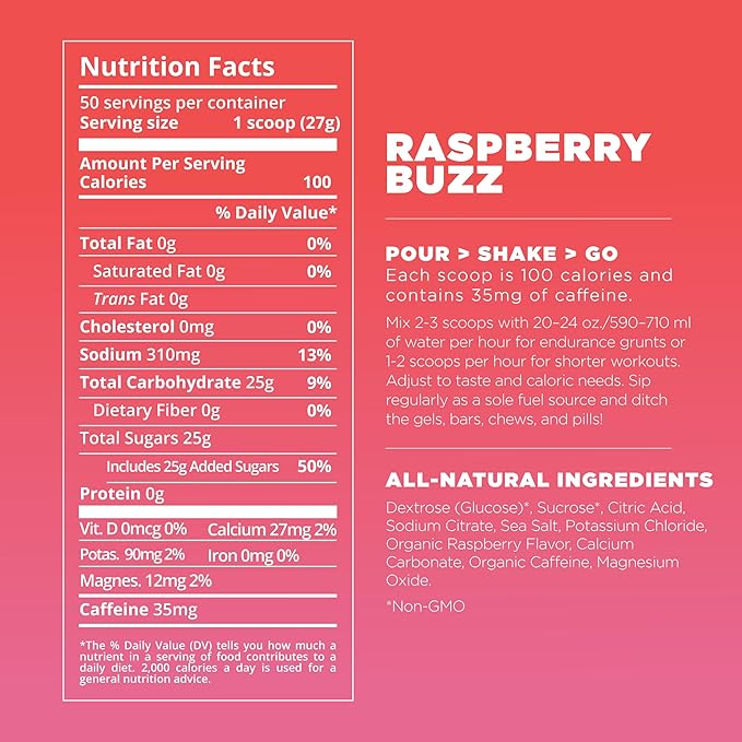 Tailwind Nutrition Endurance Fuel, Carbohydrate & Electrolyte Sports Drink Mix Powder, Gluten-Free, Vegan, Raspberry Buzz, 50 Servings (Caffeinated)