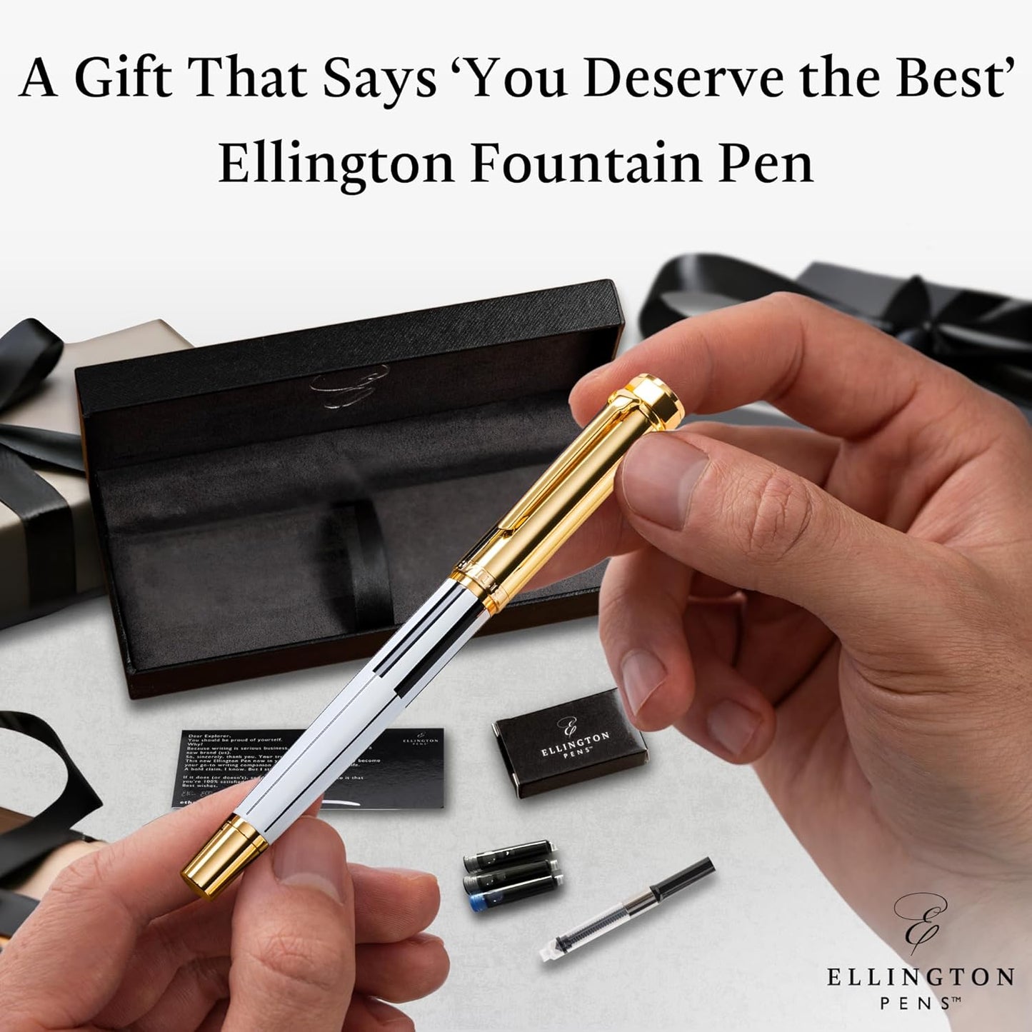 Ellington Pens Luxury Fountain Pen Set- Fountain Pens for Writing - Smooth Extra Fine Nib - Includes Refillable Ink Converter, 3 Ink Cartridges [Black & Blue], Gift Box - Elegant Calligraphy