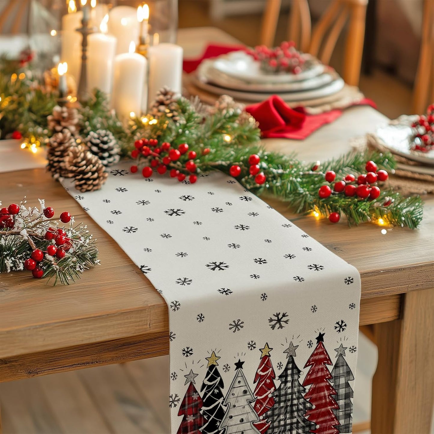 GEEORY Christmas Table Runner 13x72 Inch, Xmas Tees Snowflakes Holiday Decorative Farmhouse Table Decoration for Kitchen Dinning, Indoor Outdoor Dinner Party Decor ((Red & Black) GT165-72