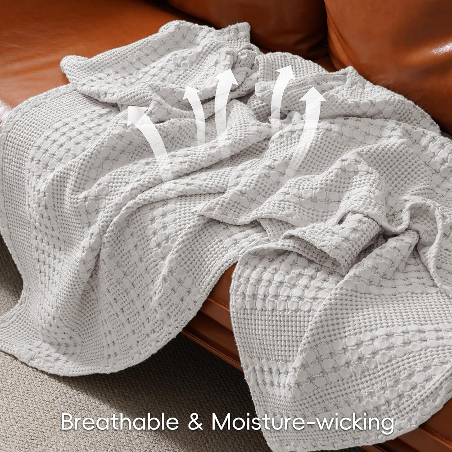 PHF 100% Cotton Waffle Weave Blanket Twin Size for Bed, Soft Lightweight & Breathable, All-Season Comfort, Luxury Aesthetic Woven Bedding for Home Decor, 66"x90", Light Grey