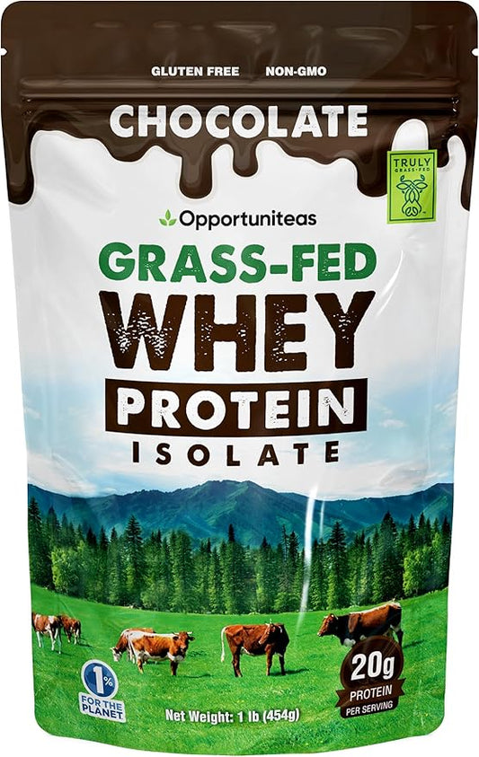 Opportuniteas Grass Fed Chocolate Whey Protein Isolate Powder - 20g Protein Powder Without Artificial Sweeteners, Hormone-Free Happy Cows, Non GMO - 1lb