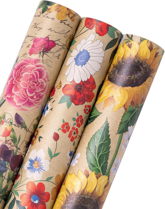 WRAPAHOLIC Kraft Floral Wrapping Paper - Mini Roll - 3 Rolls - 17 Inch x 120 Inch - All Occasion Vintage Flower and Sunflorwer Design for Wedding Bridal Shower Birthday