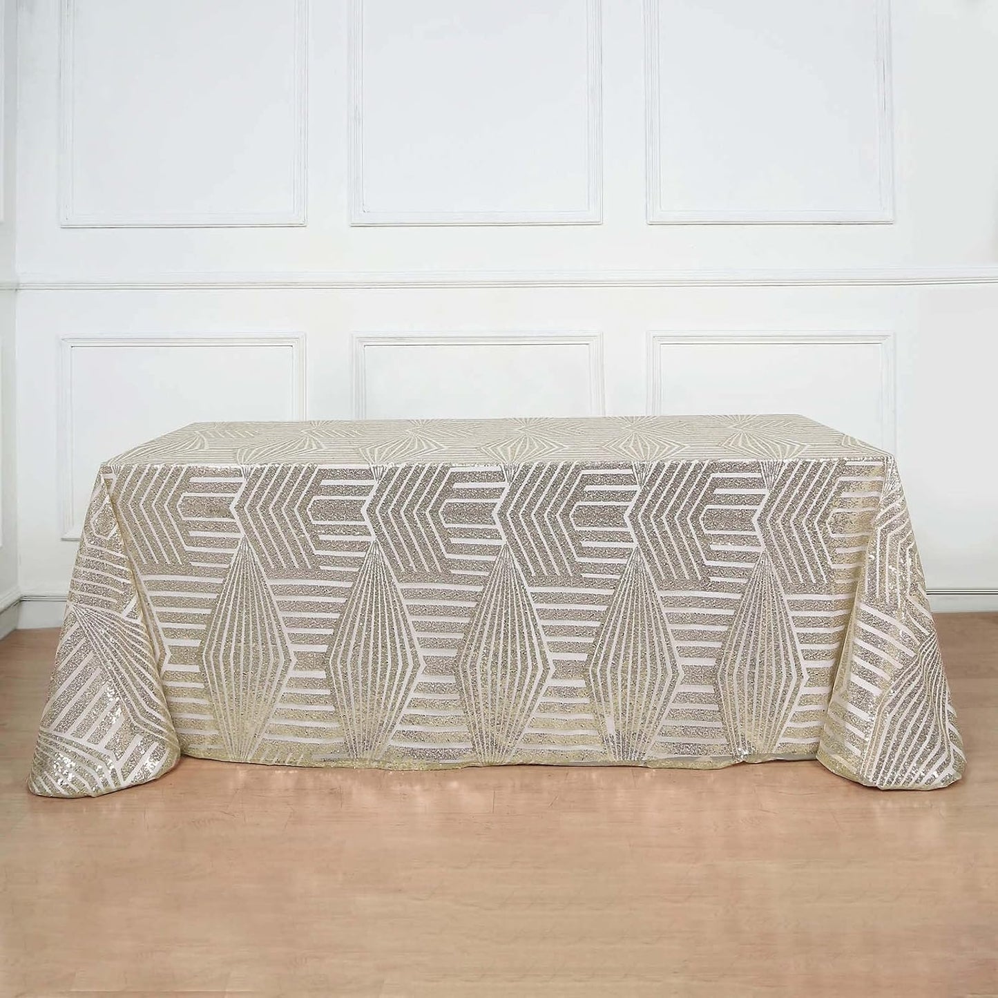 Efavormart 90"X132" Champagne Sparkly Sequin Geometric Tulle Rectangular Tablecloth