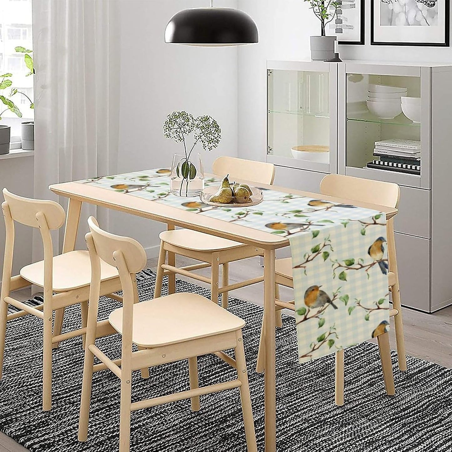 Bird Table Runner,Spring Birds Tree Blue Plaid Print Table Runner for Kitchen Dining Table Decoration Home Party Decor 13x90 Inch